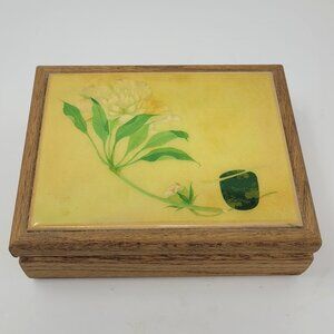 Vintage Kimberly Enterprises Wooden Keepsake Box | Floral Ceramic Tile Inlay